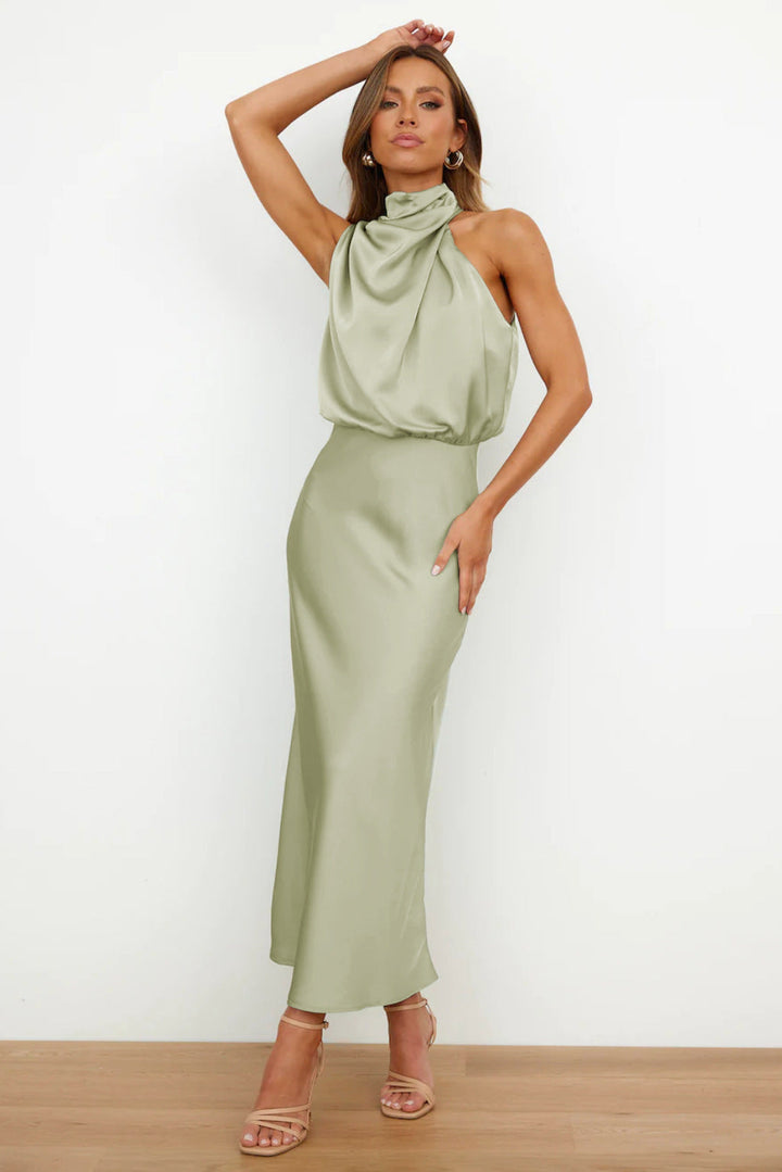 Long Satin Halterneck Formal Dress for Weddings and Elegant Occasions, Full-Length Evening Gown