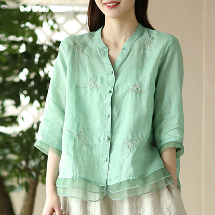 Breathable women's blouse - Cardigan-Style Embroidered, Cotton-Linen Blend, Casual Wear