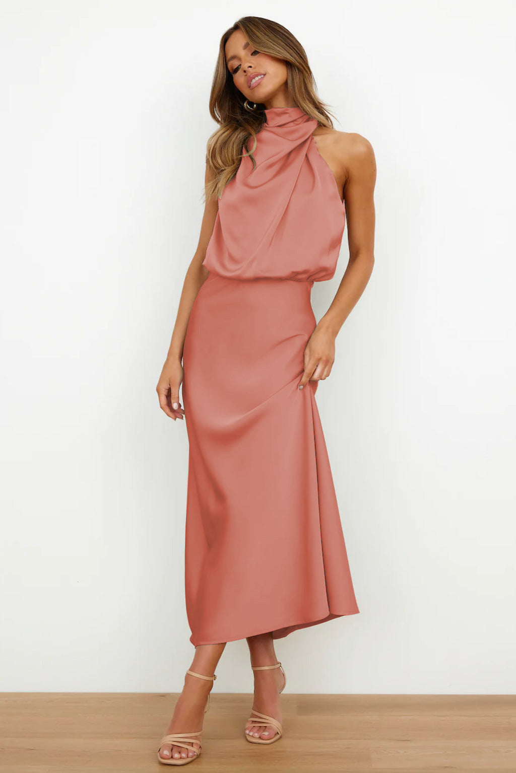 Long Satin Halterneck Formal Dress for Weddings and Elegant Occasions, Full-Length Evening Gown