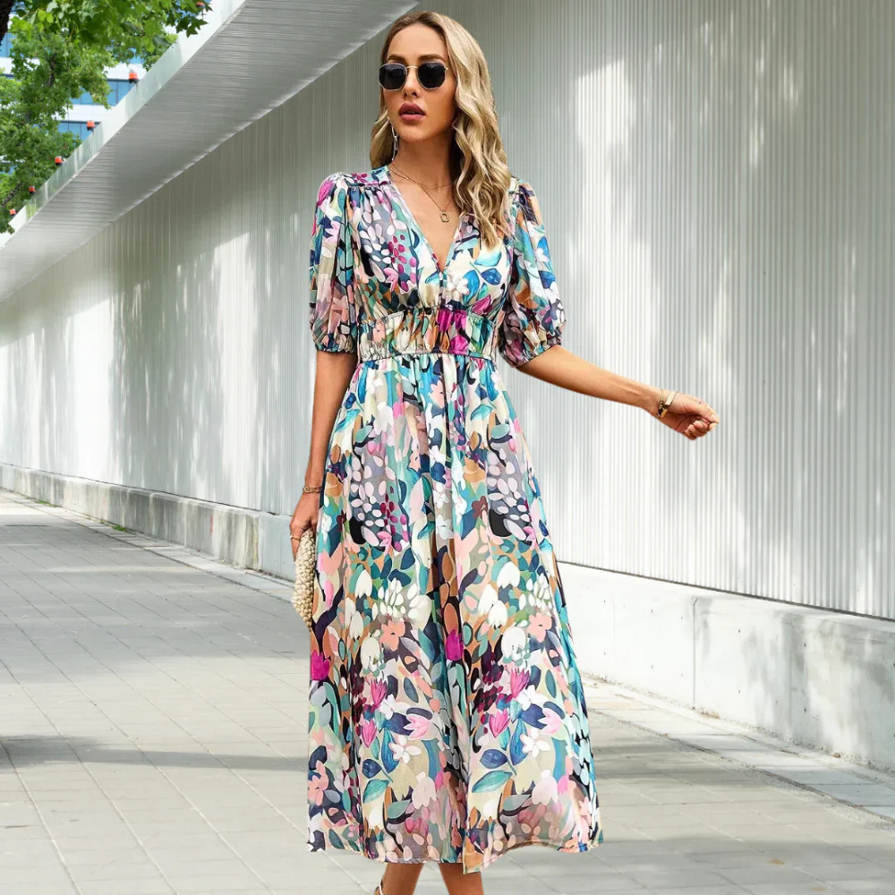 Floral Summer Dress for Women with Puffed Sleeves and V-Neck - Perfect Wedding Guest Dress