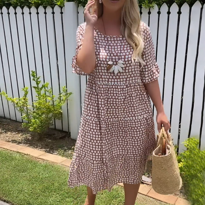Short-Sleeve Midi Dress for Women in Polka Dot Design, Lightweight Breathable Fabric, Relaxed Fit for Summer Events