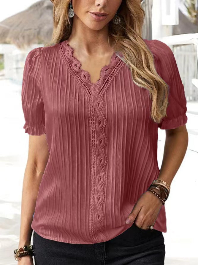 Soft women's blouse - loose-fit V-neck lace hollow-out short-sleeve, polyester, casual wear