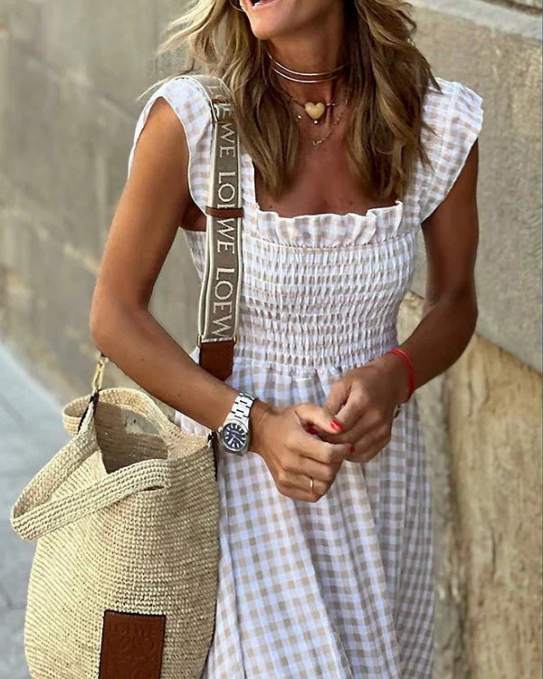 Maxi Summer Dress for Women with Elastic Top and Retro Caroma Pattern, Breathable Cotton, Perfect for Beach and City Outings