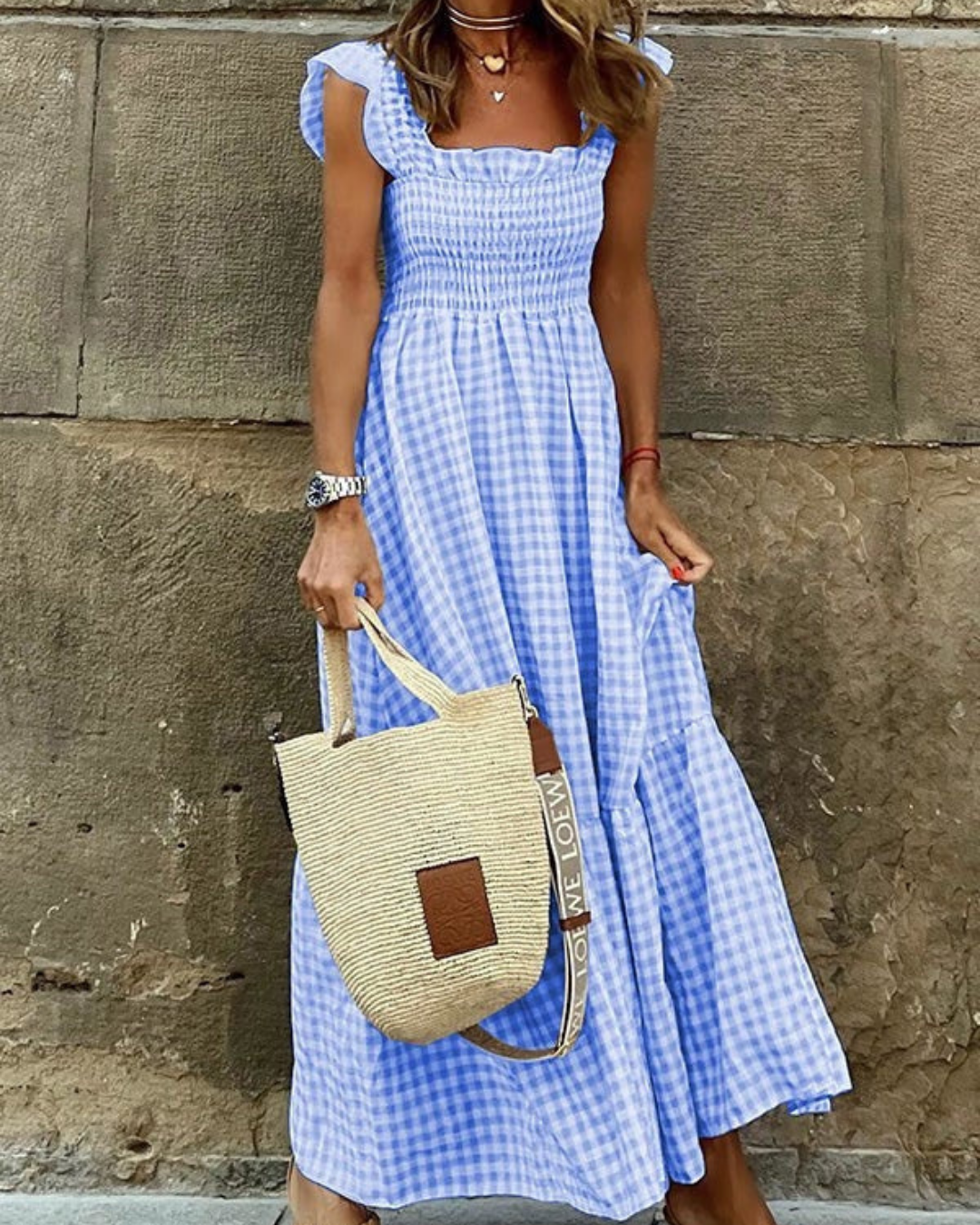 Maxi Summer Dress for Women with Elastic Top and Retro Caroma Pattern, Breathable Cotton, Perfect for Beach and City Outings