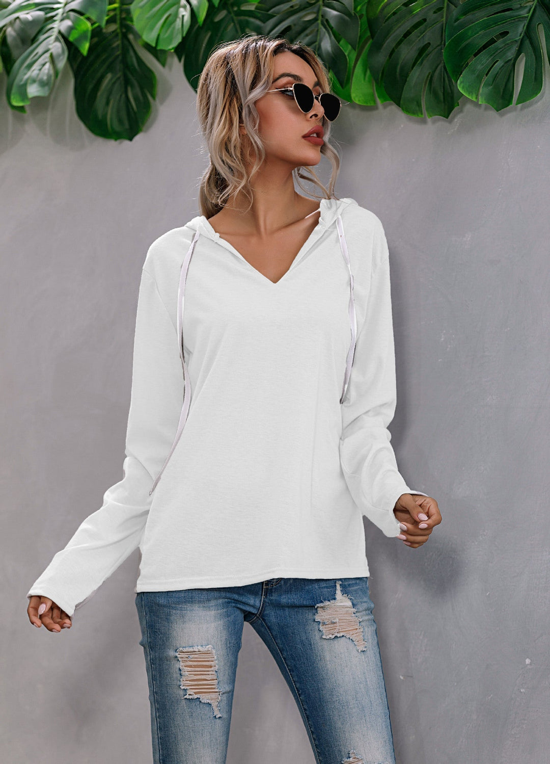 Lightweight Relaxed Womens Hoodie - V Neck, Knit, Everyday