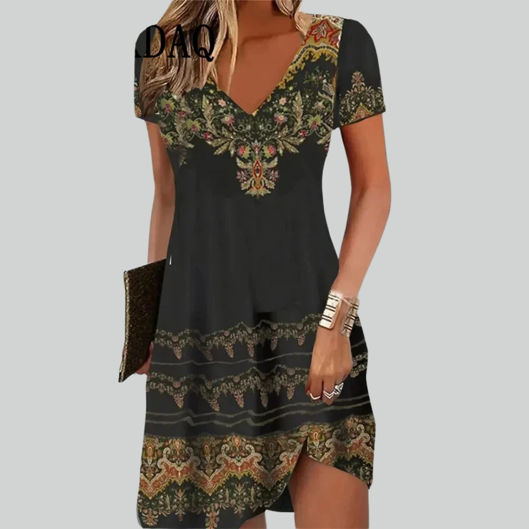 Retro Women Dresses Ethnic Floral Print Midi Dress Plus Size Short Sleeve V-Neck