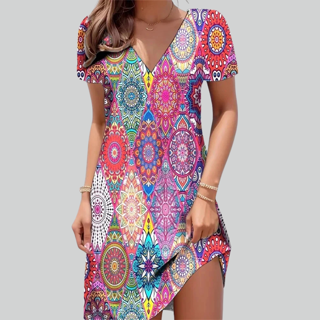 Retro Women Dresses Ethnic Floral Print Midi Dress Plus Size Short Sleeve V-Neck