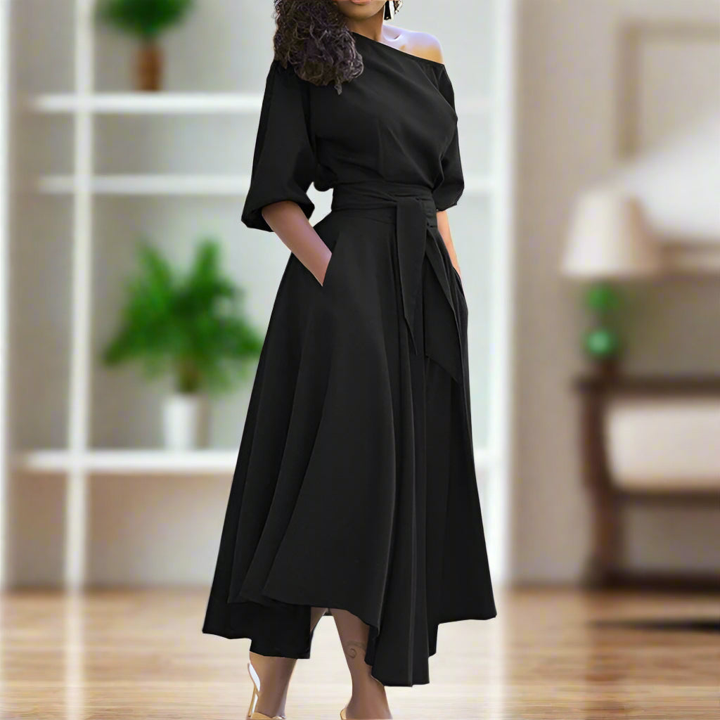 Elegant Midi Dress with Elbow-Length Sleeves and Adjustable Waist for Women