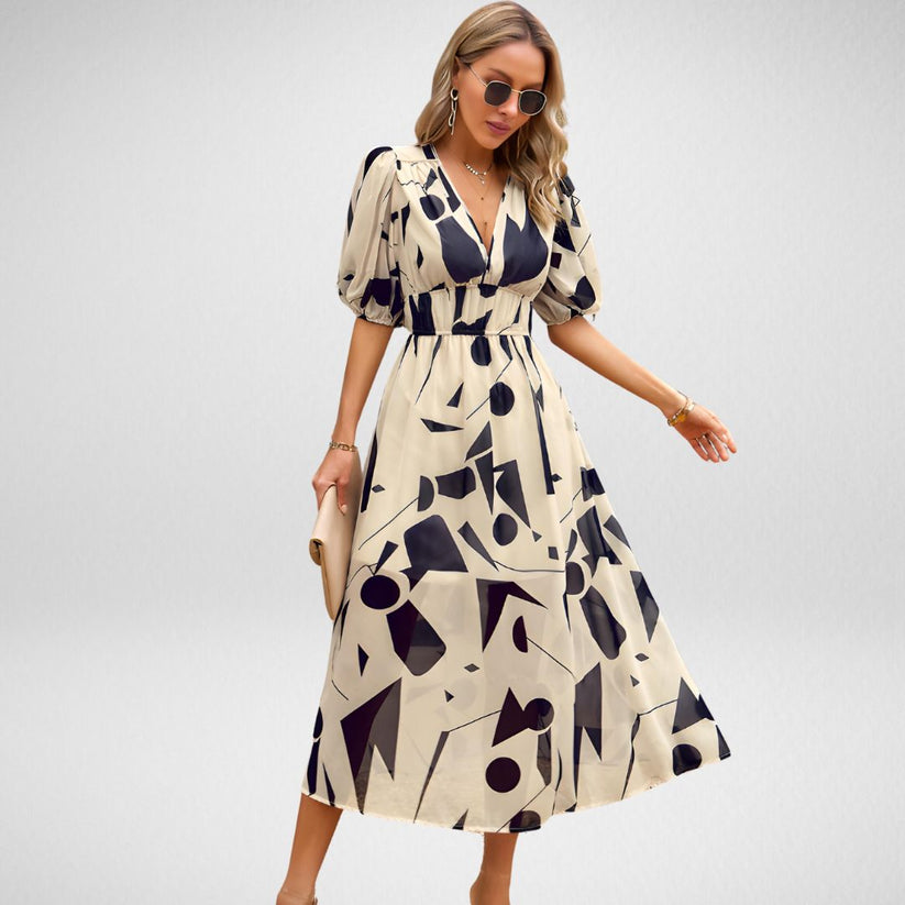 Elegant Printed Midi Dress with Three-Quarter Sleeves for Women - Versatile Midi Dress for Any Occasion