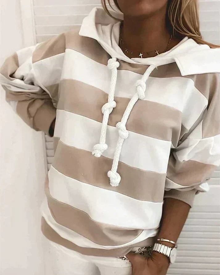 Soft Women’s Hooded Pullover - Striped Relaxed Cotton, Casual