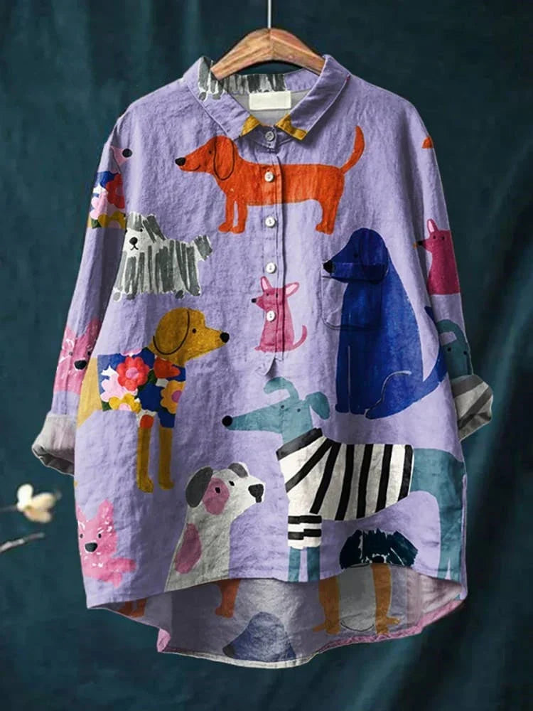 Artistic Dog Print T-Shirt in Purple, Comfortable Regular Fit Casual Wear for Everyday Style