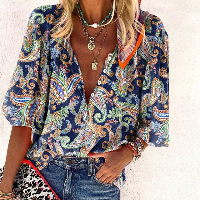 Vintage Ethnic Print Summer Top for Women, V-Neck Half Sleeve Blouse, Cotton-Polyester Blend