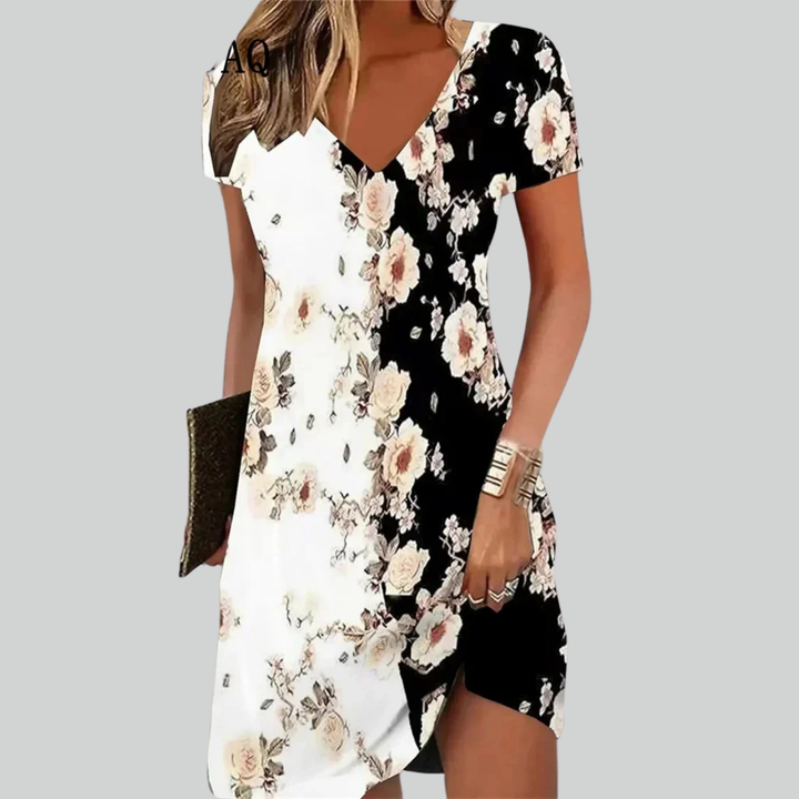Retro Women Dresses Ethnic Floral Print Midi Dress Plus Size Short Sleeve V-Neck