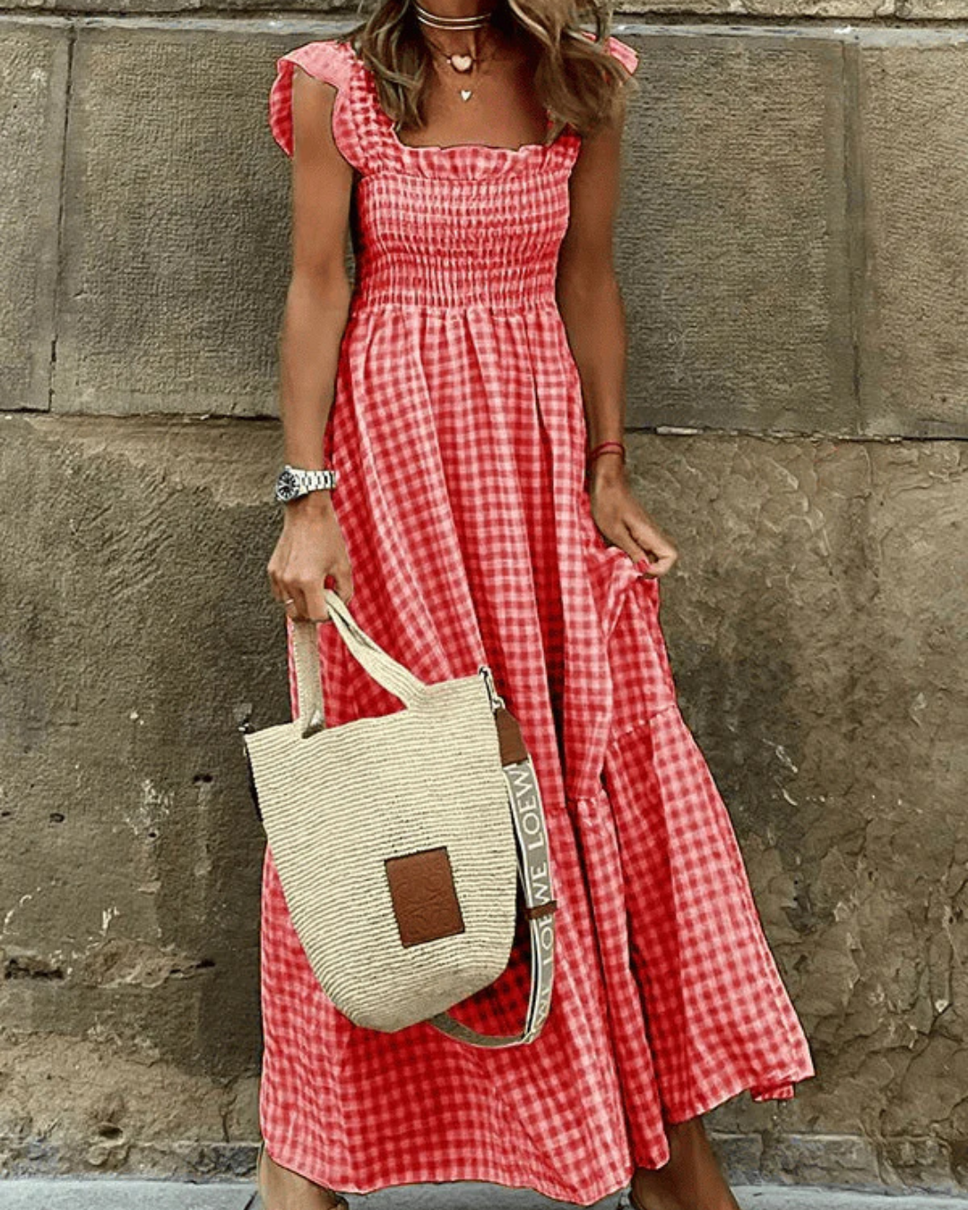 Maxi Summer Dress for Women with Elastic Top and Retro Caroma Pattern, Breathable Cotton, Perfect for Beach and City Outings
