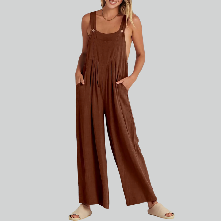 Plus Size Vintage Cotton Linen Wide Leg Overalls Jumpsuit with Pockets