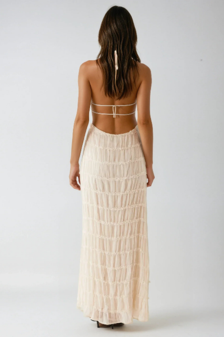 Ethereal Halter Maxi Dress in Soft Nude with Pleated Layers - Elegant Long Dress for Women, Full-Length Design