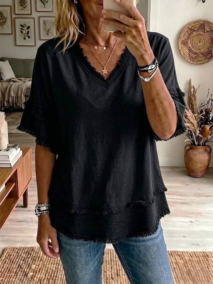 Lightweight casual women's top - v-neck, short sleeve, loose fit, polyester, daily wear