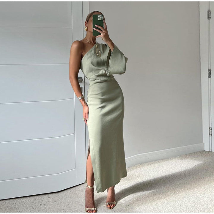 Elegant Midi Dress with Asymmetrical Shoulder and Long Sleeves for Women