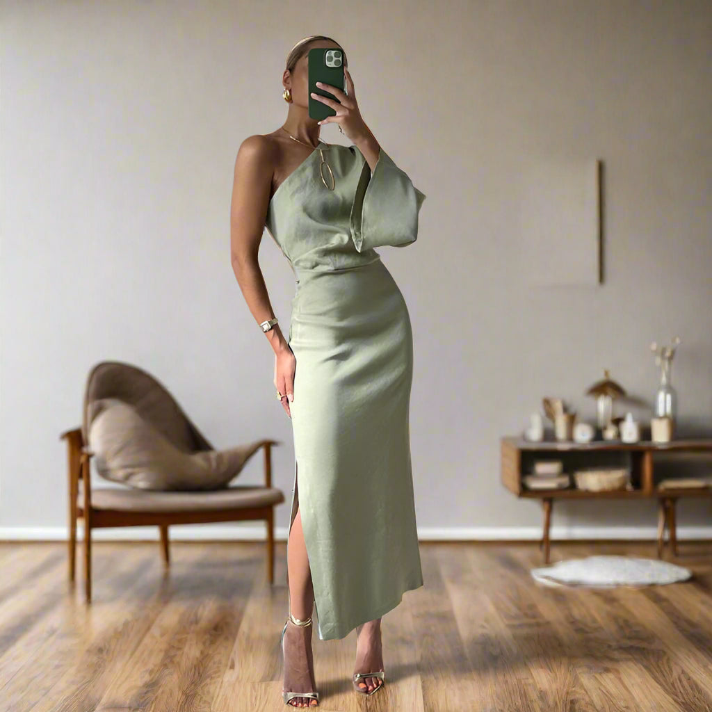 Elegant Midi Dress with Asymmetrical Shoulder and Long Sleeves for Women