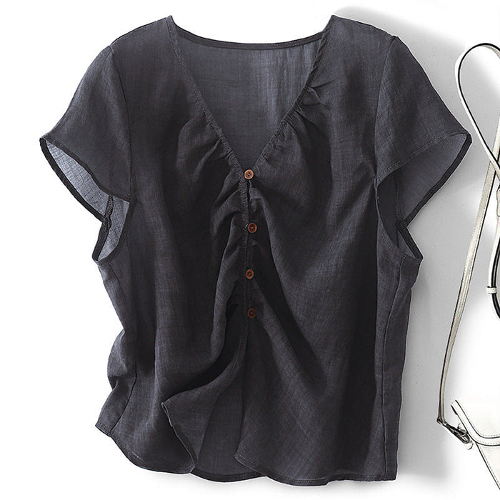 Lightweight women's shirt - V-neck, button-front, relaxed fit, cotton-polyester blend, casual everyday wear