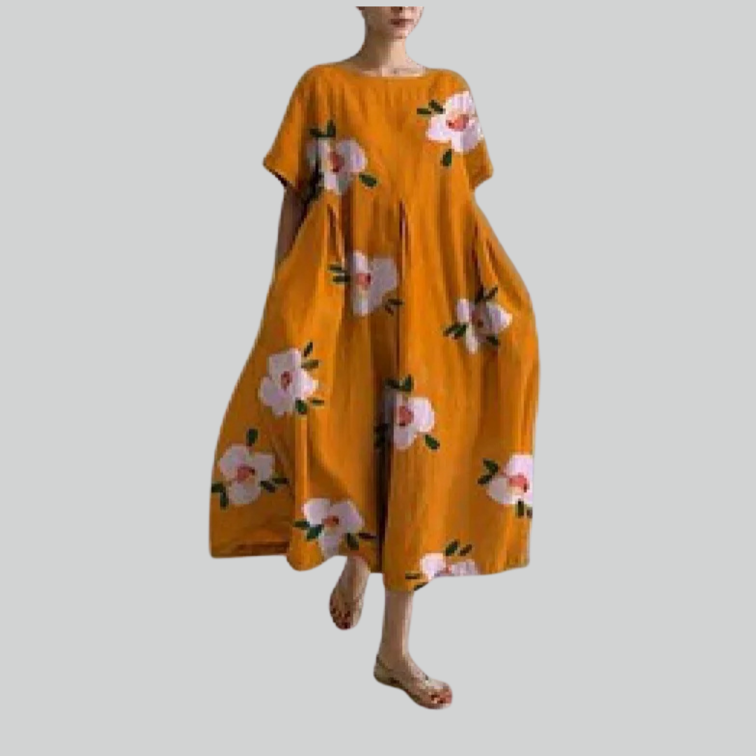 Fashion Lady Short Sleeve Loose Maxi Dress - Retro Flower Print Pocket Party Dress