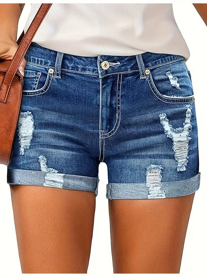 Stretchy women's denim shorts - distressed, high-waist, straight-leg, denim, for casual wear