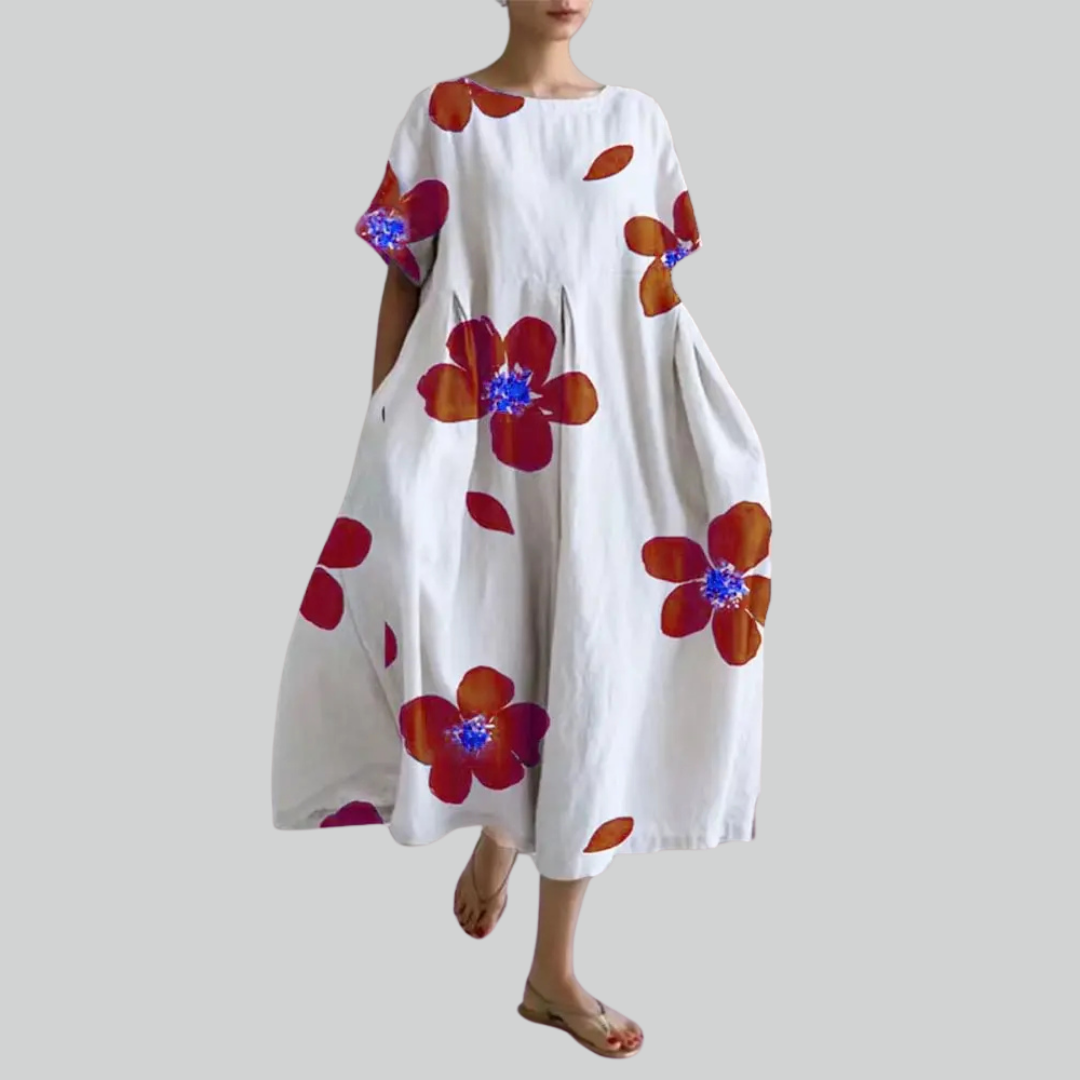 Fashion Lady Short Sleeve Loose Maxi Dress - Retro Flower Print Pocket Party Dress