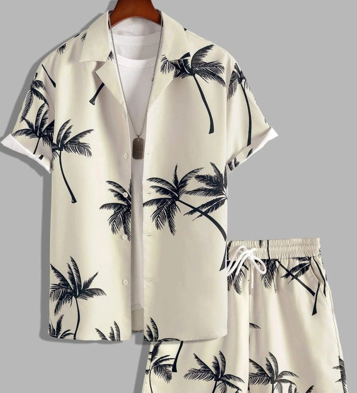 Men's Summer Set with Tropical Print, Lightweight Shirt and Shorts, Relaxed Fit for Warm Weather Casual Outings