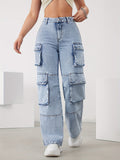 High-Waist Cargo Pants for Women in Medium Blue, Stretch Fabric, Straight-Leg Fit, Stylish Snowflake Design