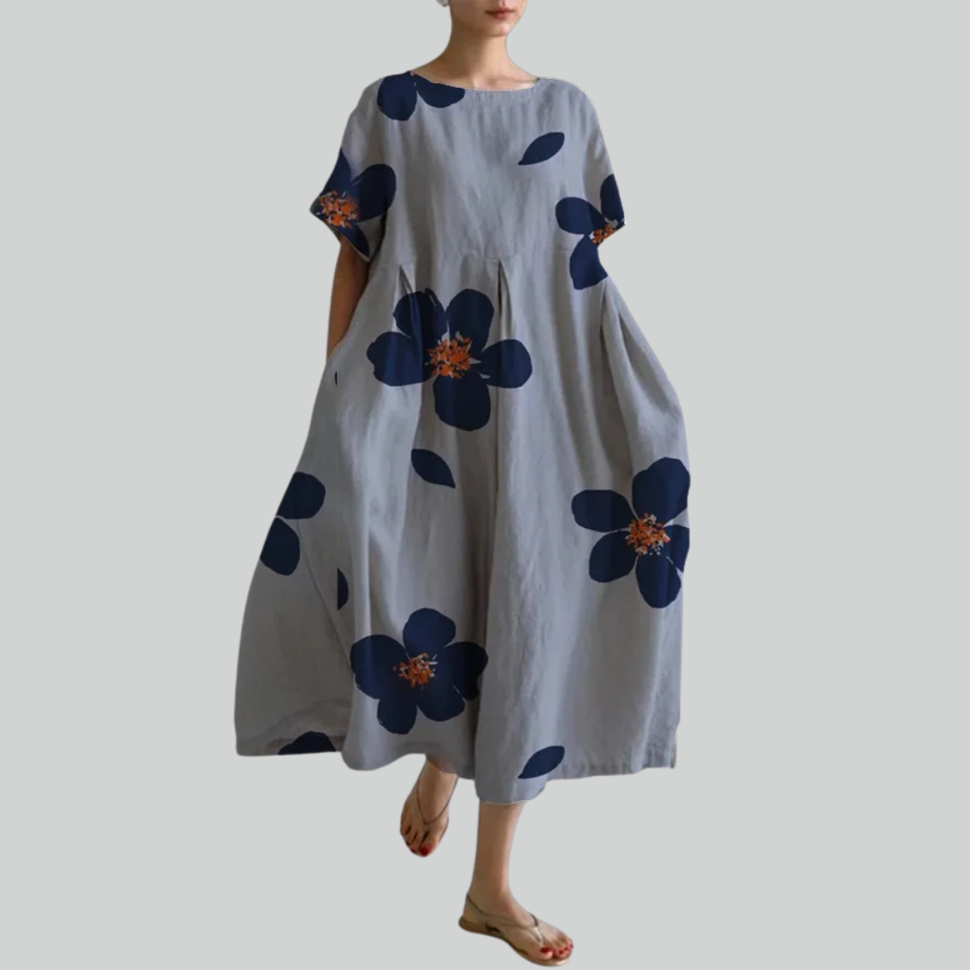 Fashion Lady Short Sleeve Loose Maxi Dress - Retro Flower Print Pocket Party Dress