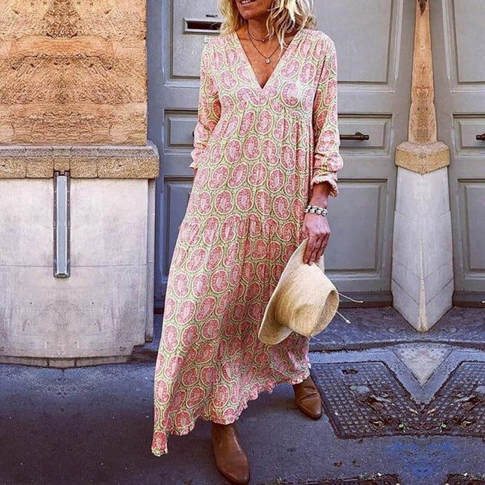 Trendy V-Neck Women's Dress with Striking Print for Spring and Summer, Eco-Friendly Fabric, Comfortable Fit, Available in Multiple Sizes