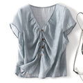 Lightweight women's shirt - V-neck, button-front, relaxed fit, cotton-polyester blend, casual everyday wear