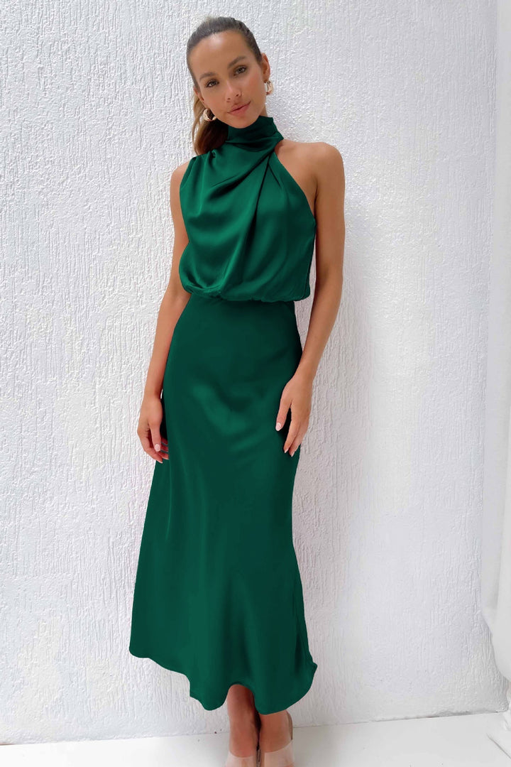 Long Satin Halterneck Formal Dress for Weddings and Elegant Occasions, Full-Length Evening Gown