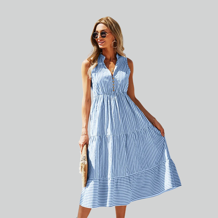 Striped Shirt Dress Women A-Line Summer Casual V-Neck Sleeveless Beach Holiday Dress