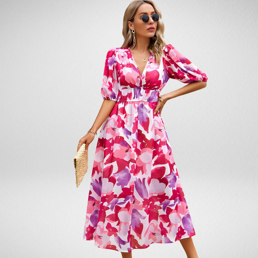 Elegant Printed Midi Dress with Three-Quarter Sleeves for Women - Versatile Midi Dress for Any Occasion