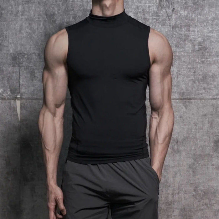 Breathable Men's Tank Top - High-Neck Sleeveless, Polyester-Spandex Quick-Dry Blend, For Gym Workouts