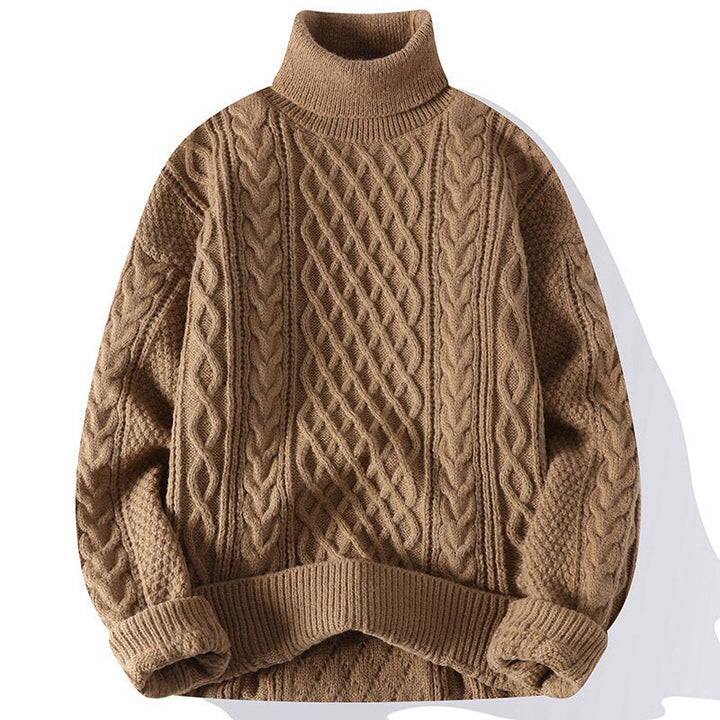 Warm Mens Turtleneck Sweater - Relaxed Cable Knit, Winter
