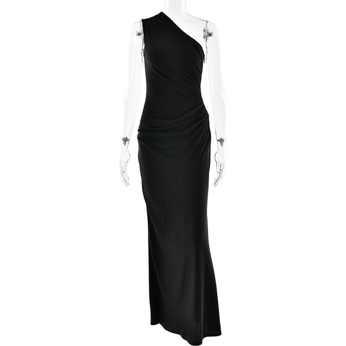 Fitted women's dress - asymmetric one-shoulder sheath, satin, for formal evening events and special occasions