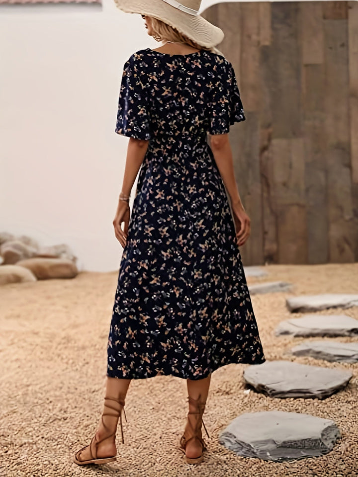 Feminine Boho Summer Dress with V-Neck and Flutter Sleeves, Lightweight Breathable Fabric, Available in Black and Red