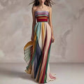 Lightweight Women's Maxi Dress - Tube-Top Flowy Printed Stripe, Polyester Crepe, for Summer Vacation