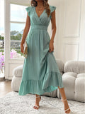 Elegant Black Ruffle Dress with Diaper Neckline, Plus Size Wedding Guest Formal Dress for Spring