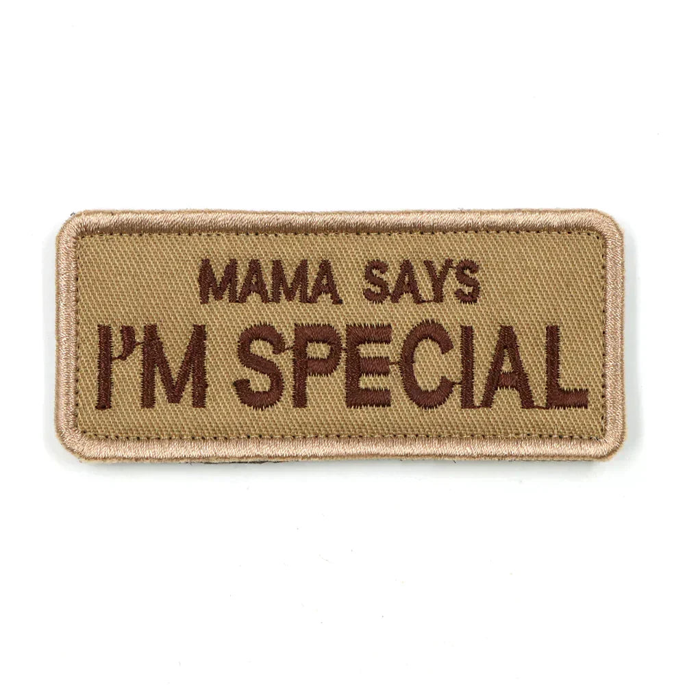 Dog Harness Patch - Embroidered Tan Velcro Backing, Mama Says I&