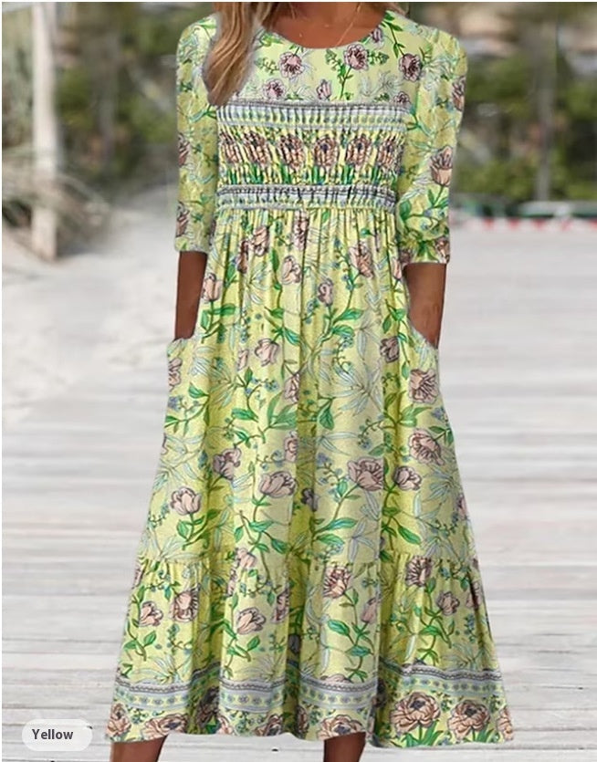 Lightweight women's maxi dress – A-line, ethnic-print, polyester, for casual summer outings