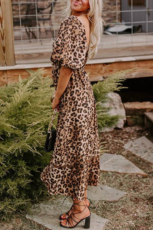 Leopard Print Maxi Dress with Puff Sleeves, Gathered Design, Long Dress for Women, Casual Chic Style