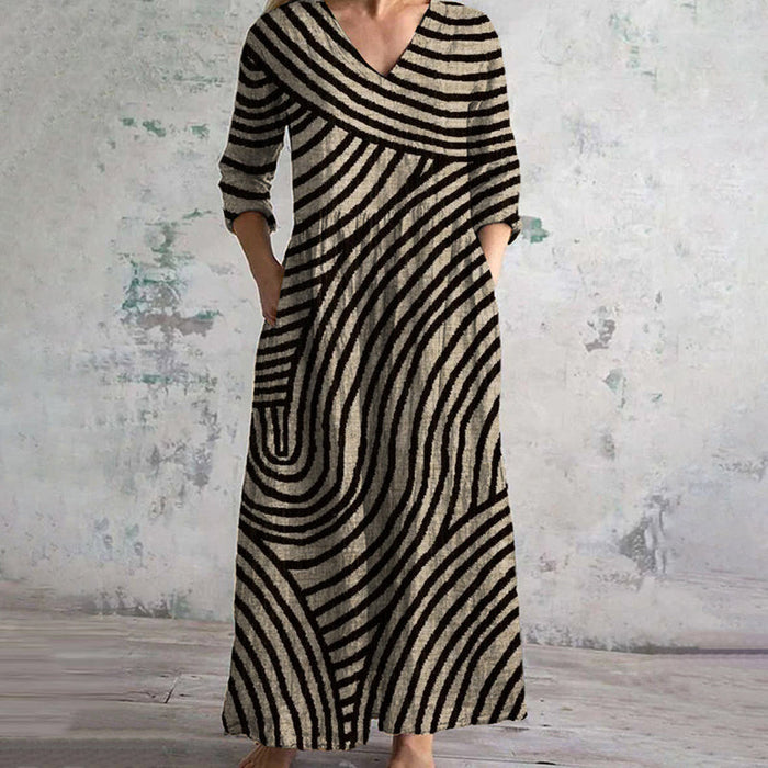 Vintage Stripe Dress with V-Neck, Ankle-Length, Functional Pockets, Lightweight Fabric