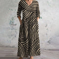 Vintage Stripe Dress with V-Neck, Ankle-Length, Functional Pockets, Lightweight Fabric