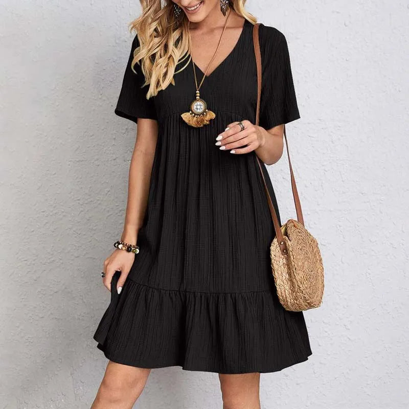 Casual V-Neck A-Line Mini Dress for Women, Short Sleeves, Comfortable Stretch Fabric, Perfect for Summer Events