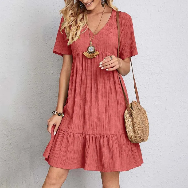 Casual V-Neck A-Line Mini Dress for Women, Short Sleeves, Comfortable Stretch Fabric, Perfect for Summer Events