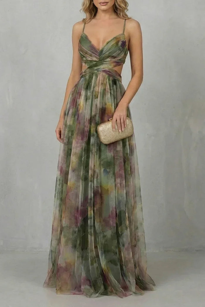 Lightweight women's slip dress – a-line, abstract print, mesh overlay, for evening events