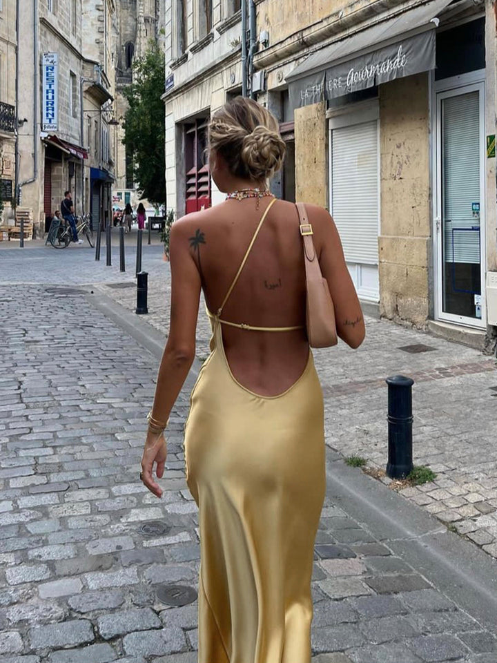 Elegant Backless Black Maxi Dress for Women, Open Shoulders Satin Long Dress for Special Occasions